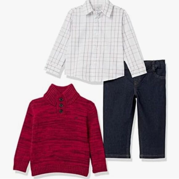 Calvin Klein boys 3 piece red marled sweater jeans button up shirt set sz 7 NWT - Picture 1 of 11
